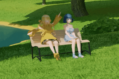two anime characters sit on a bench in the grass
