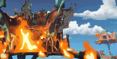 a cartoon drawing of a building on fire with a blue sky in the background