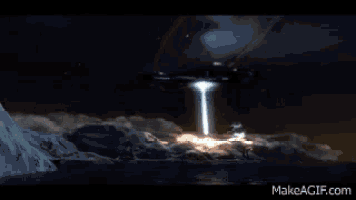 a computer generated image of a space ship flying over a body of water
