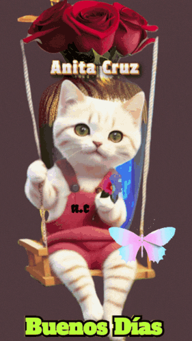 a cat is sitting on a swing with the words buenos dias written below it
