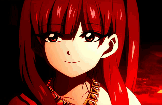 a close up of a red haired anime girl with a gold necklace