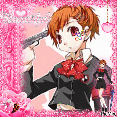 a picture of a girl holding a gun with the words beautiful written on it