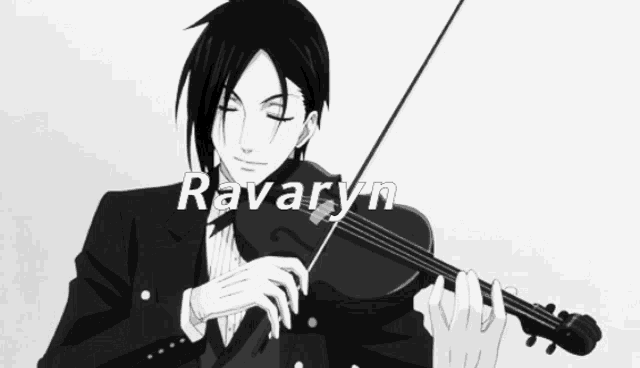 a black and white drawing of a man playing a violin with the name ravaryn written below him