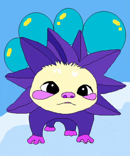 a cartoon drawing of a purple and yellow animal with balloons in the background