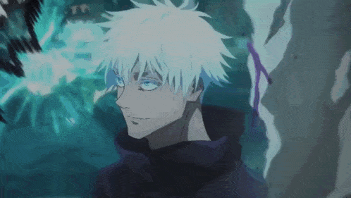 a man with white hair and blue eyes is standing next to a tree in a forest .
