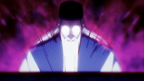 a cartoon character with glowing eyes is standing in a dark room .
