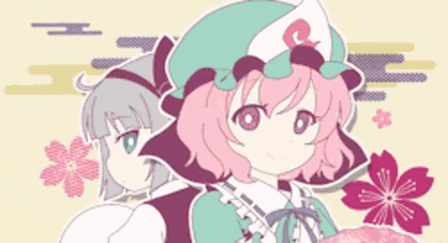 a couple of anime girls standing next to each other with flowers in the background
