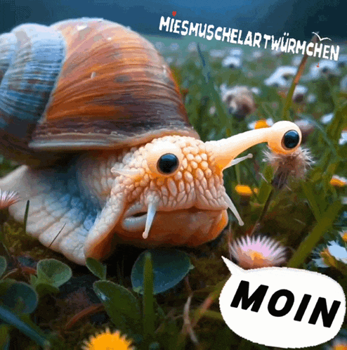 a picture of a snail with a speech bubble saying moin