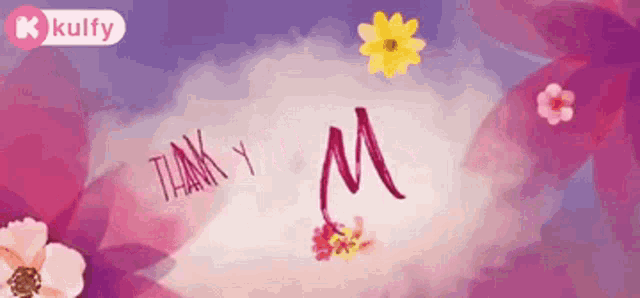 a pink background with flowers and the letter m