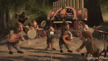 a gif from gifrun.com shows a group of gnomes playing music
