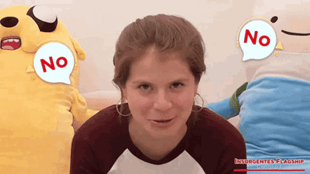 a woman with a speech bubble that says " no " on it
