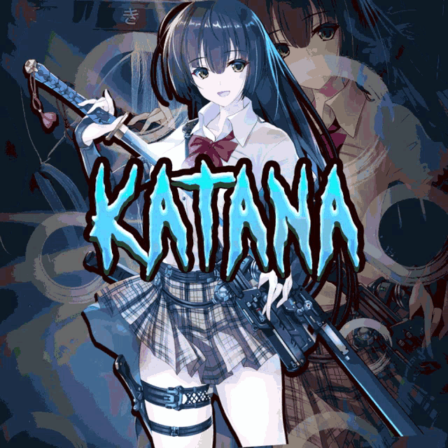 a girl in a plaid skirt is holding a sword in front of the word katana