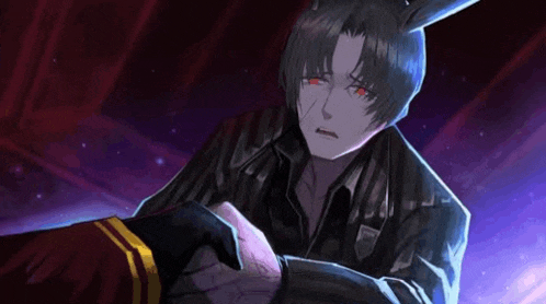 a man with red eyes is holding another man 's hand in a video game .
