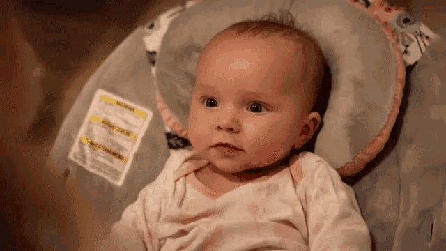 a baby is sitting in a high chair with a warning label on the back .