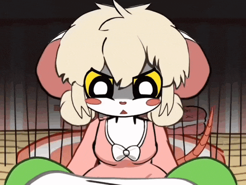 a cartoon character is sitting in a cage and has a bow on her neck