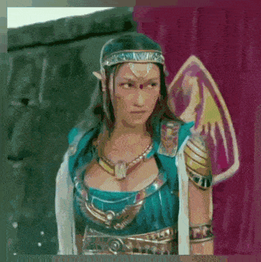 a painting of a woman in a blue and white costume