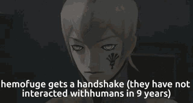 a video game screen shows a man talking to another man with the caption " nemofuge gets a handshake "