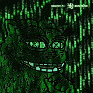 a cartoon of a green cat with yellow eyes and a smile