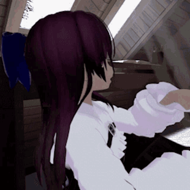 a girl with long purple hair is wearing a white shirt