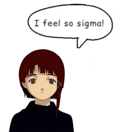a girl with red hair is standing next to a speech bubble that says `` i feel so sigma ! ''