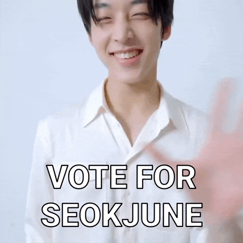 a young man in a white shirt is smiling with the words vote for seokjune below him