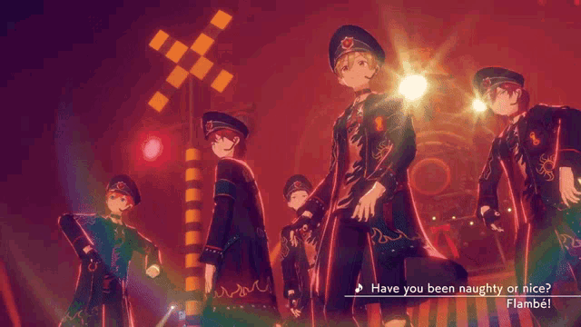 a group of anime characters are dancing with the words have you been naughty or nice flambe written below them