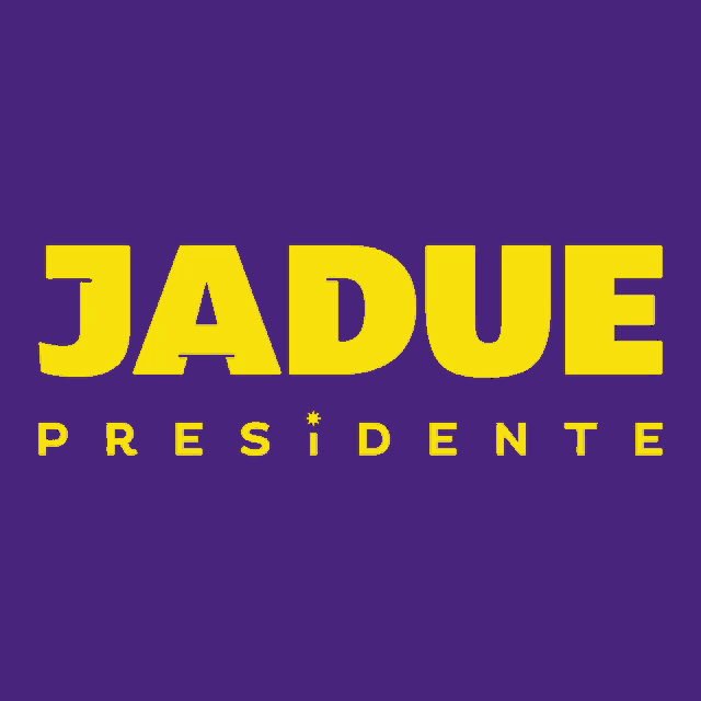 a yellow background with purple jadue presidente letters