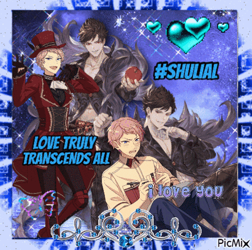 a collage of anime characters with the words love truly transcends all and i love you