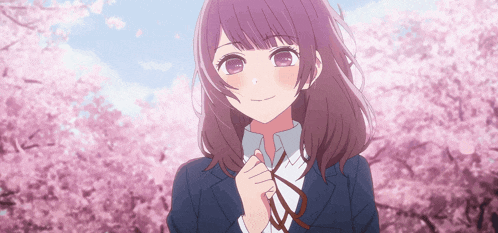 a girl with purple hair is wearing a school uniform