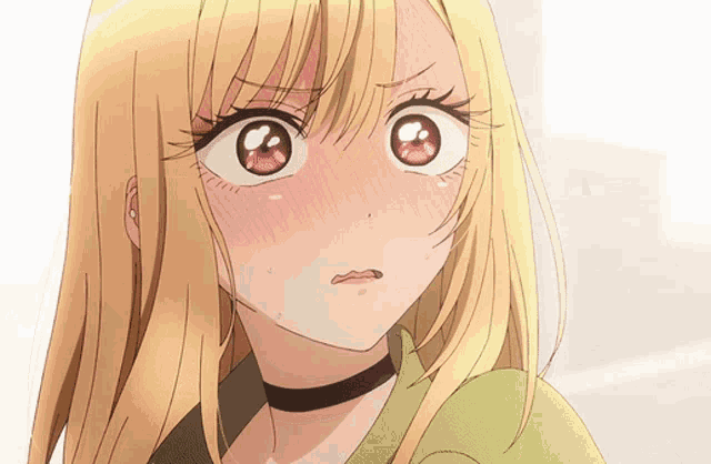 a close up of a blonde anime girl with a choker on her neck