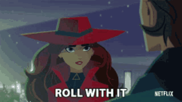a woman in a red hat is talking to a man in a netflix ad