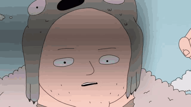 a cartoon drawing of a man wearing a hat with a bear face