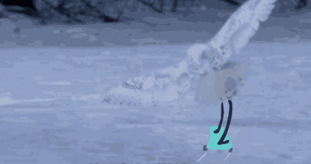 a cartoon drawing of a cat in the snow with a blue board in the background