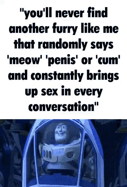 buzz lightyear from toy story says " you 'll never find another furry like me that randomly says " meow "