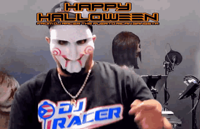 a man wearing a mask and a dj trailer shirt