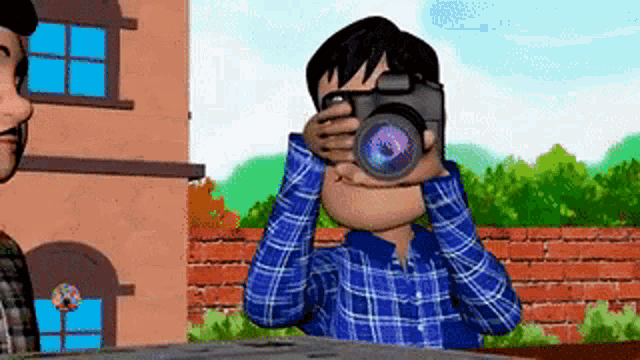 a cartoon character is taking a picture with a camera