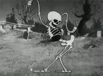 a cartoon skeleton is dancing in a cemetery .