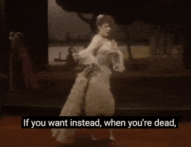 a woman in a white dress is singing with the words " some more public or more permanent expression " below her