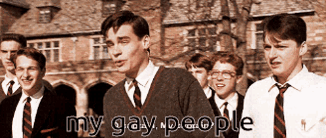 a group of young men standing in front of a building with the words my gay people
