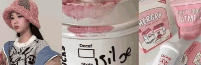 a woman in a pink hat is standing next to a bottle of hercry oatmeal .