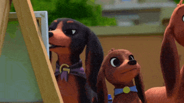 a group of cartoon dachshunds with one wearing a purple scarf with the letter g on it