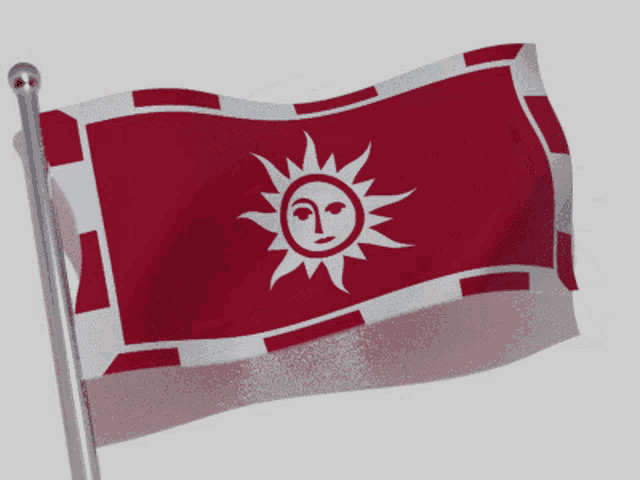a red and white flag with a face in the center of the sun