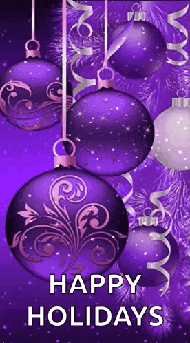 a purple christmas card with purple and white christmas ornaments and the words happy holidays