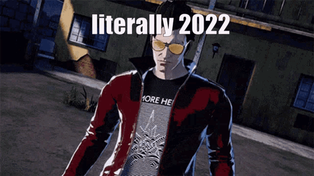 a man wearing sunglasses and a t-shirt that says more here