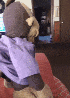 a stuffed animal is wearing a purple shirt