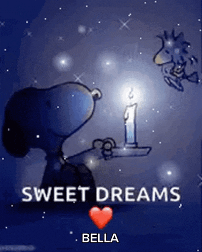a picture of snoopy holding a candle with the words sweet dreams