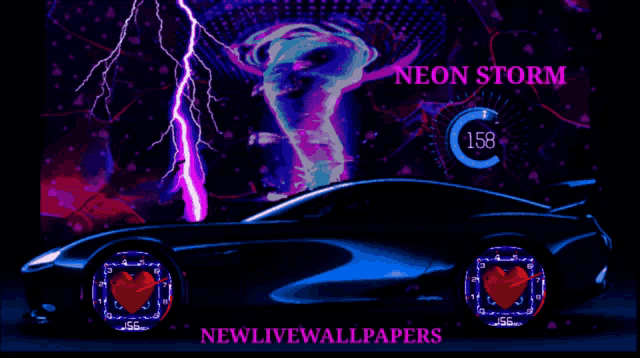 a neon storm poster with a car and a lightning bolt
