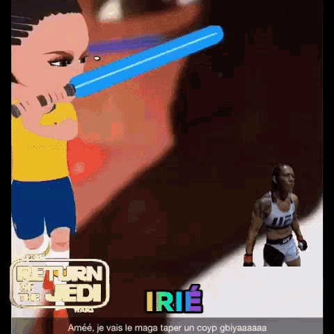 a cartoon of a woman holding a blue light saber with the words return of the jedi written on the bottom