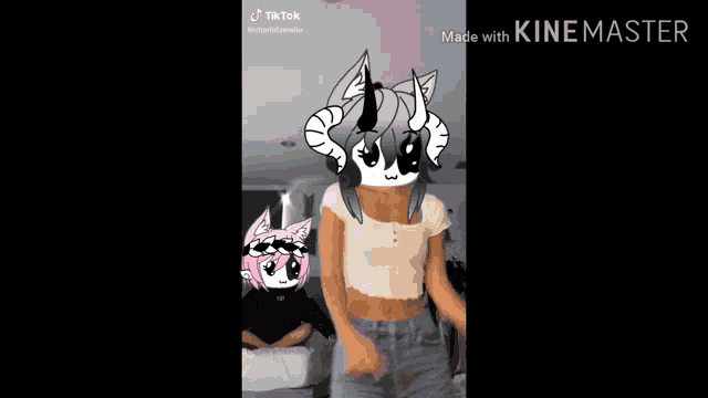 a drawing of a girl with horns and a cat on her head