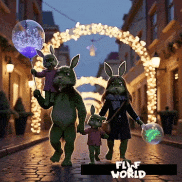 a family of green rabbits walking down a cobblestone street with the words fluf world written on the bottom